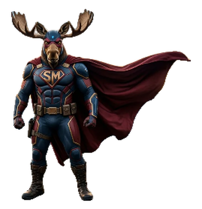 Super Moose standing tall, cape blowing in the wind