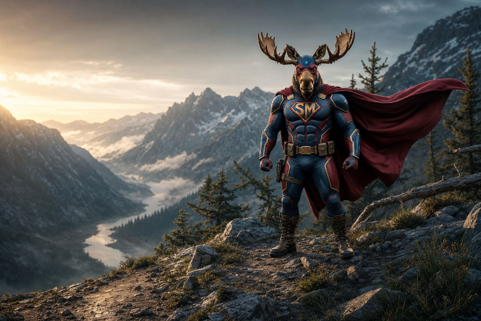 Super Moose in a burgundy cape standing on a mountain trail above a misty river valley at dawn